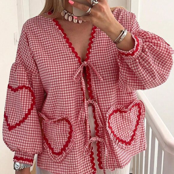 Tops - Red and White Casual Women's Plaid Print Tie Front Lantern Sleeve Blouse
